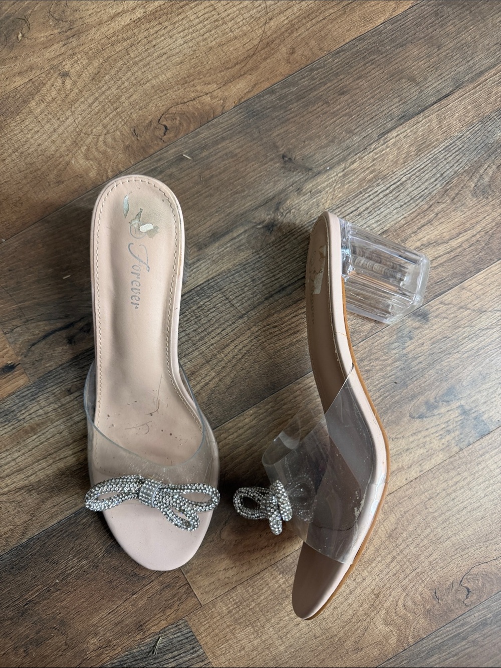 Forever 21 Nude Clear Strap Heels with Crystal Bow